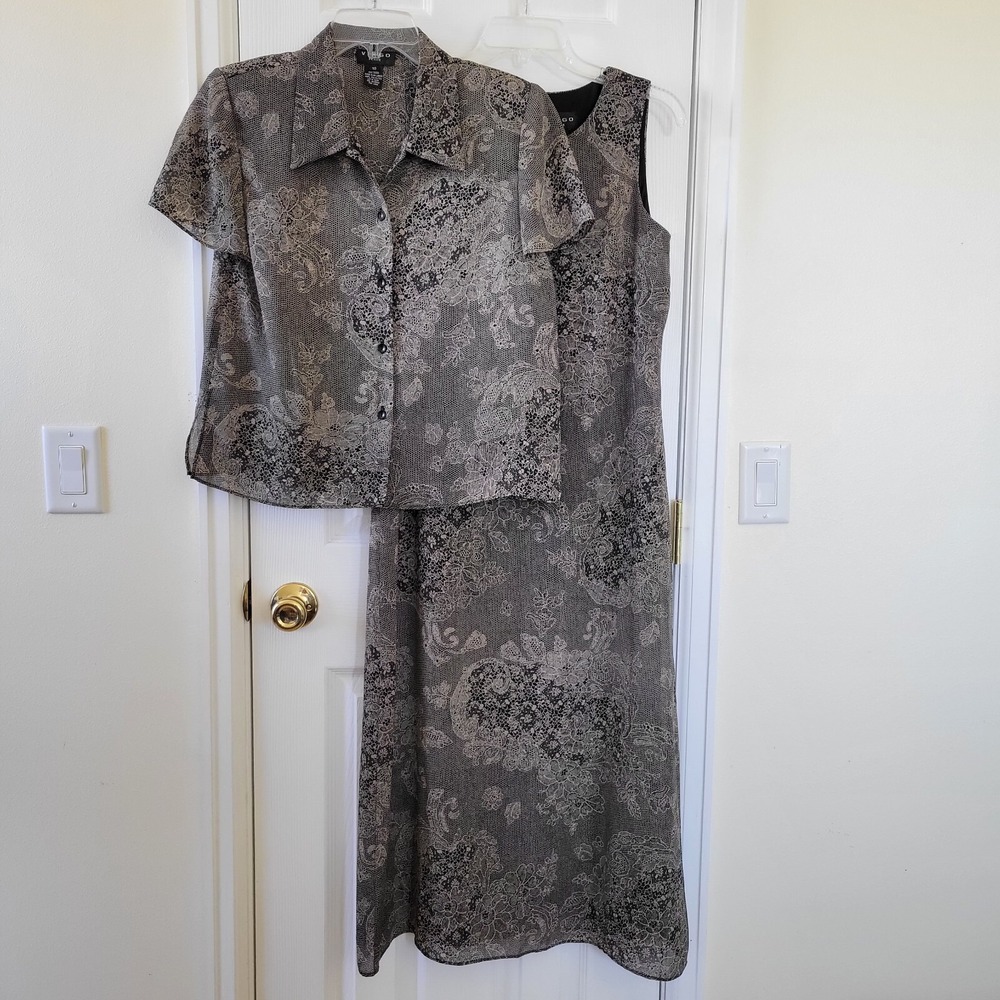 Virgo Petite 2 Piece Dress Set Womens 10 Grey Black Floral Lace Print Maxi - Picture 2 of 16